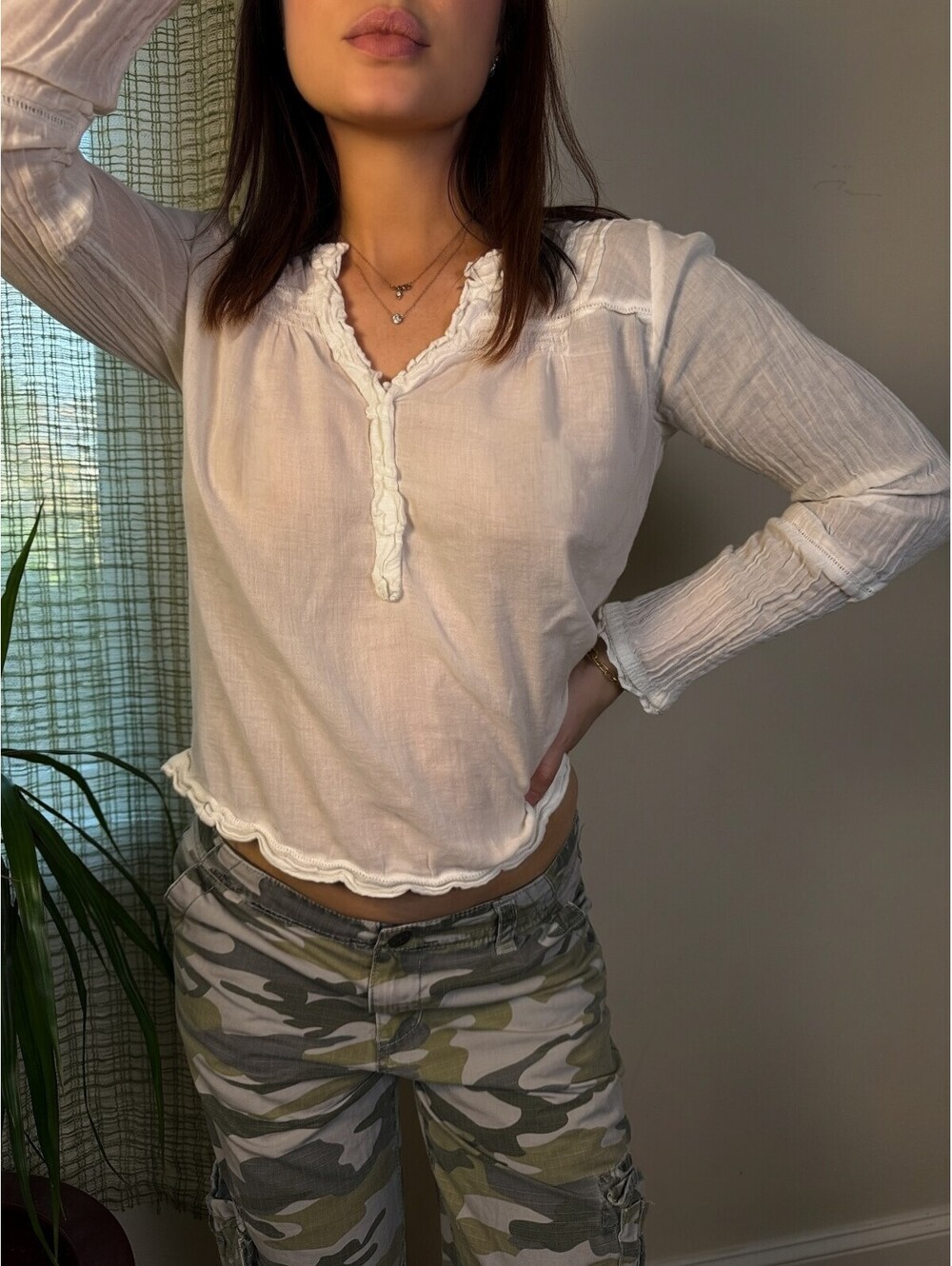Y2K DKNY Jeans Petites White Pintuck Ruffle Peasant Blouse P
